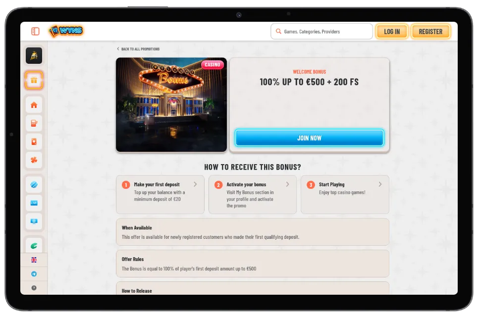 Wyns Casino welcome bonus details